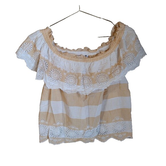 American Eagle XS Off The Shoulder Eyelet Striped Ruffle Relaxed Blouse Crop Top - Picture 1 of 7
